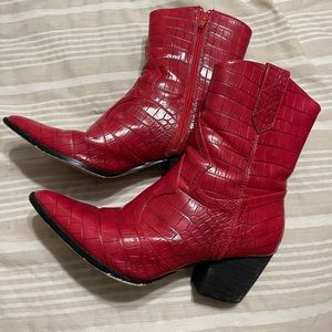 Red Faux Snakeskin Cowgirl Booties